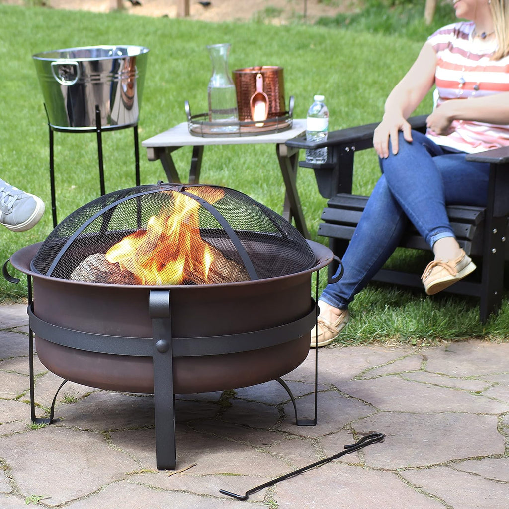 Bronze Cauldron Outdoor Fire Pit Bowl with Poker and Spark Screen - 29 Inch K423818