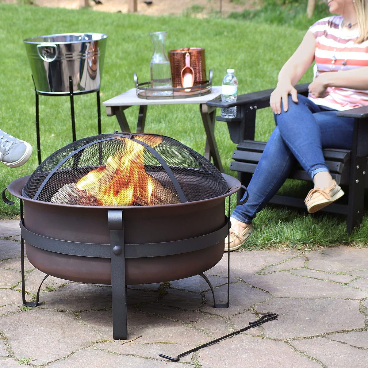 Bronze Cauldron Outdoor Fire Pit Bowl with Poker and Spark Screen - 29 Inch K423818