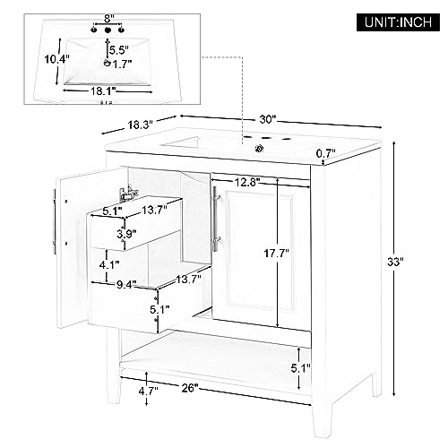 White Solid Wood Bathroom Vanity with Sink and 2 Soft Closing Doors and Drawer Q121