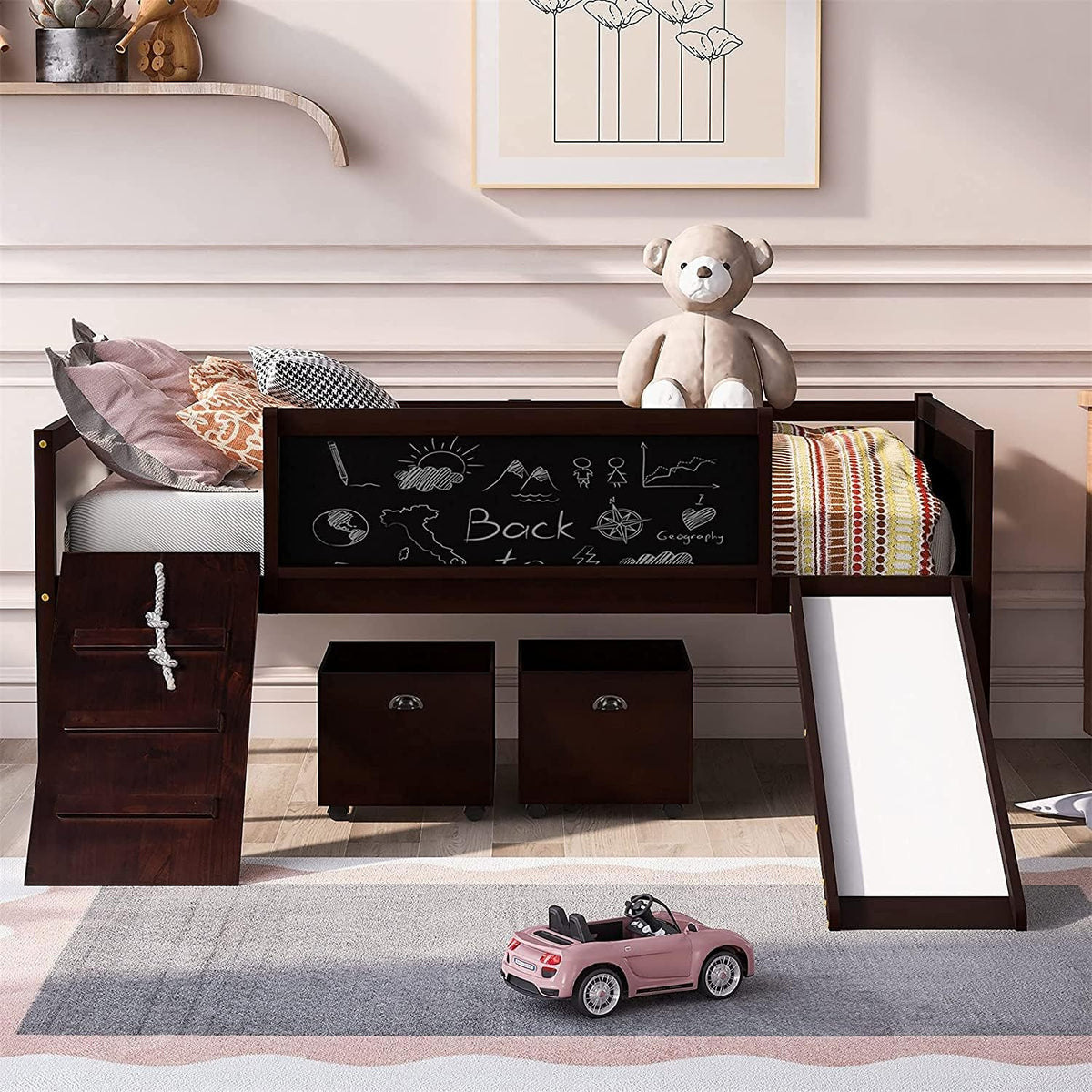 Twin Size Solid Wood Loft Bed with Slide and Storage Shelves K489