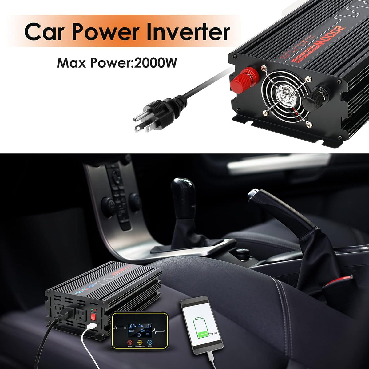 2000W Power Inverter DC 12V to AC 110V with Wireless Remote Control, LCD Digital Display, Triple AC Outlets 1 USB Port Y645