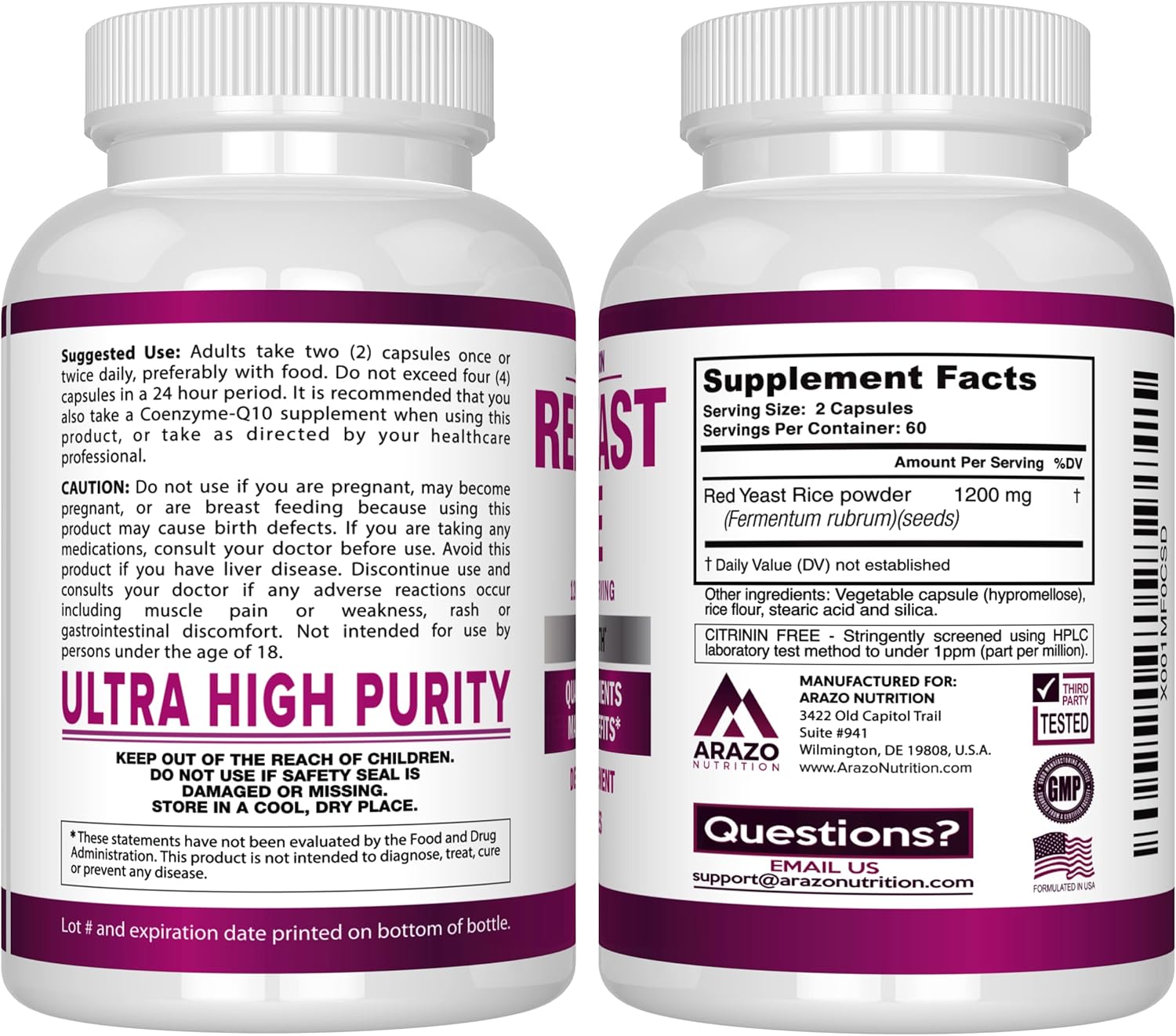 Red Yeast Rice Extract 1200 MG Vegetarian 120 Capsules A7241