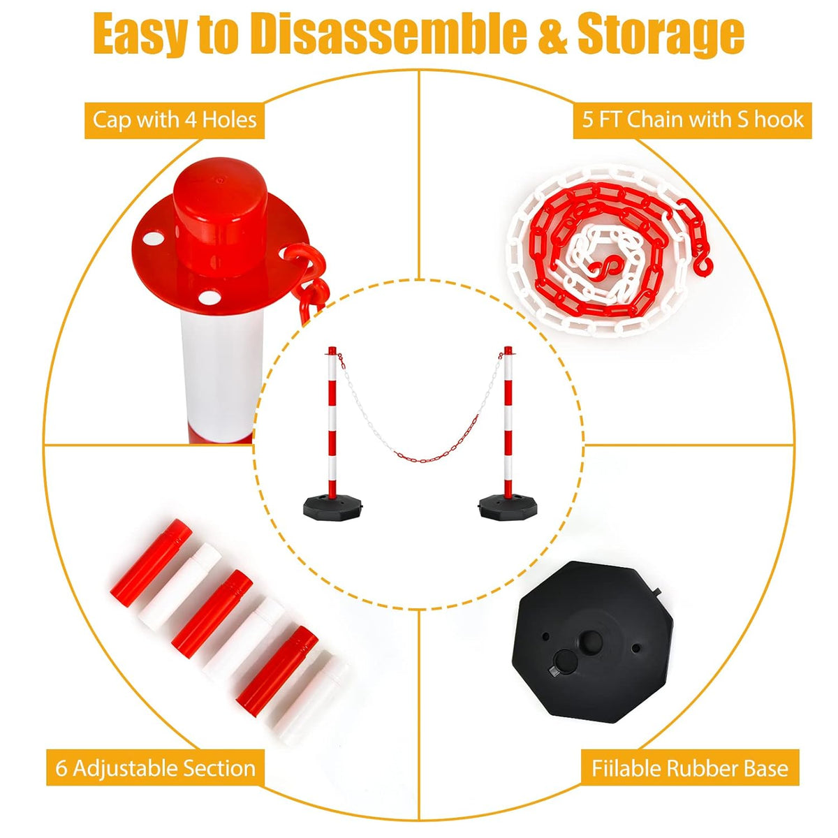 24~34 Inches Adjustable Delineator Post Traffic Cones with Fillable Base and 5FT Chains (4 Pack-Red & White) J982594