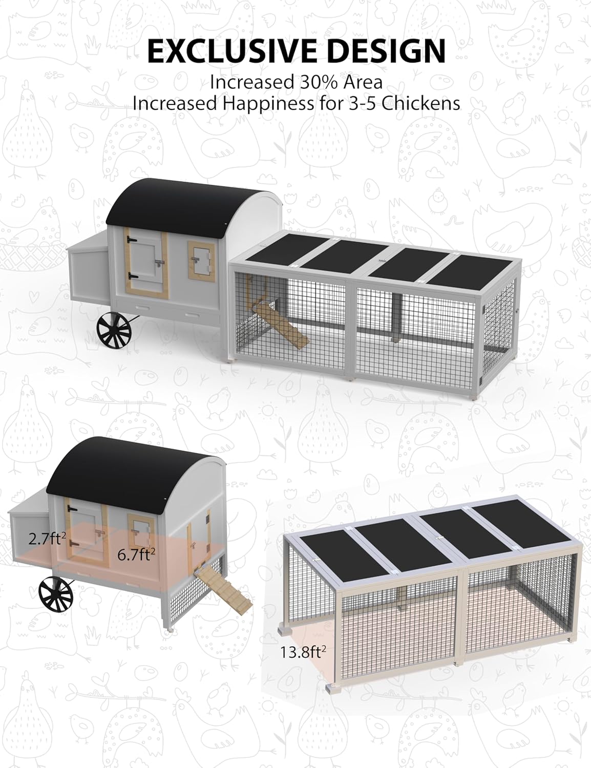 White Wooden Chicken Coop with Run H169633