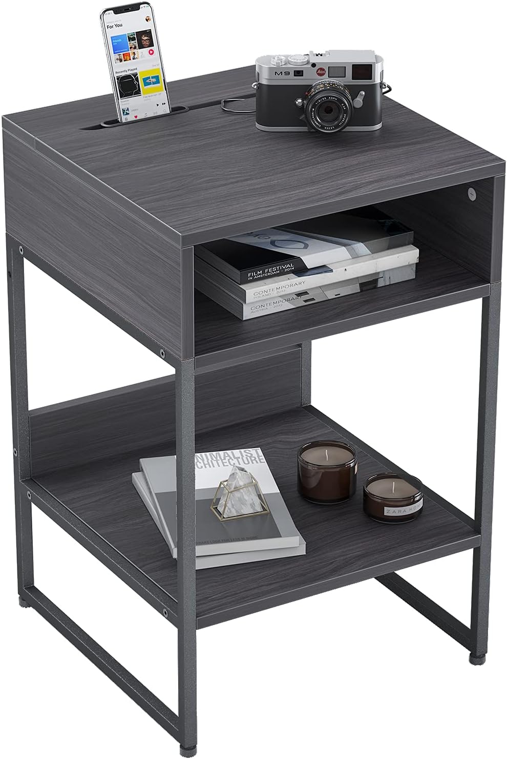 Black Side Table with Storage Compartment L956