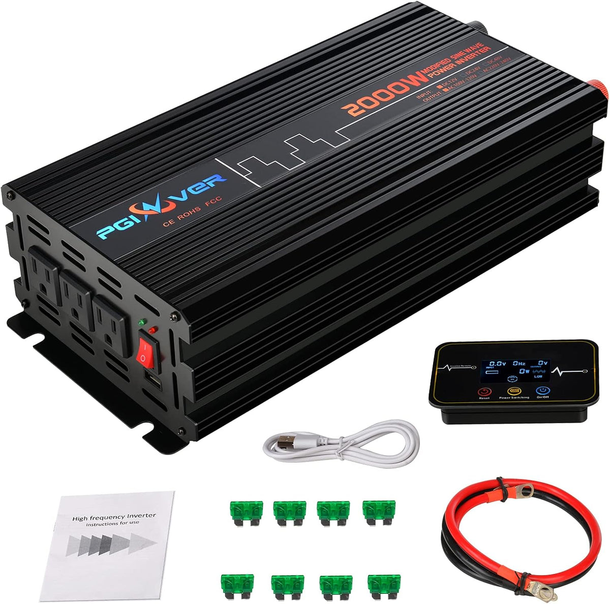 2000W Power Inverter DC 12V to AC 110V with Wireless Remote Control, LCD Digital Display, Triple AC Outlets 1 USB Port Y645