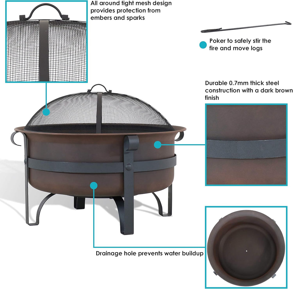 Bronze Cauldron Outdoor Fire Pit Bowl with Poker and Spark Screen - 29 Inch K423818