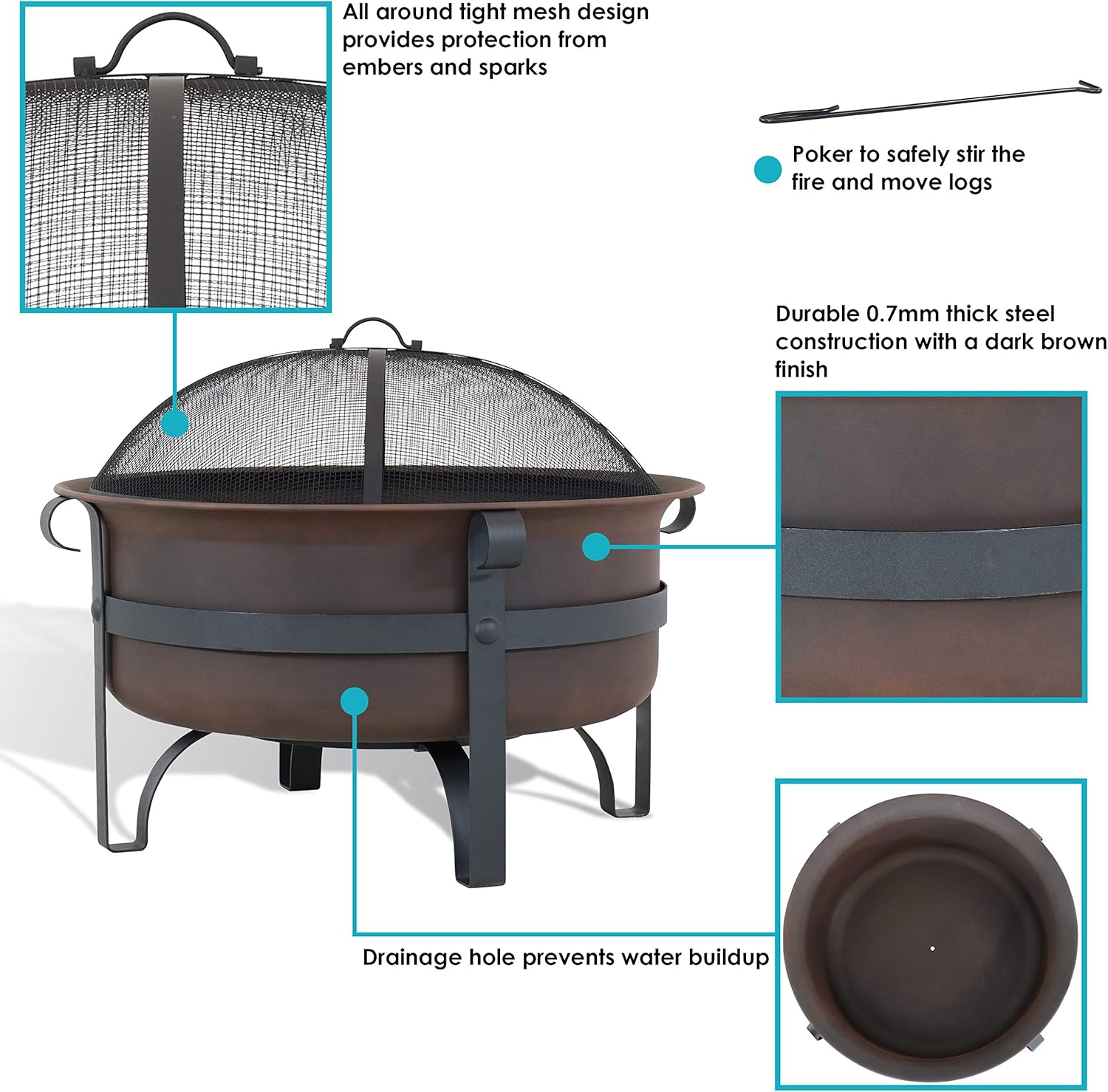 Bronze Cauldron Outdoor Fire Pit Bowl with Poker and Spark Screen - 29 Inch K423818