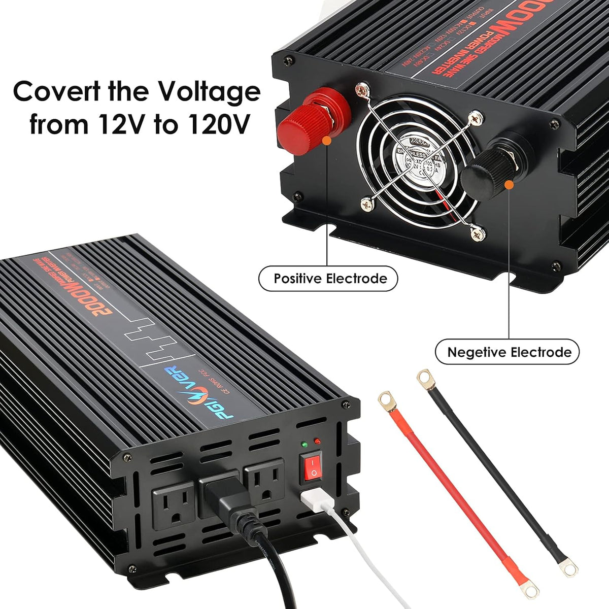 2000W Power Inverter DC 12V to AC 110V with Wireless Remote Control, LCD Digital Display, Triple AC Outlets 1 USB Port Y645
