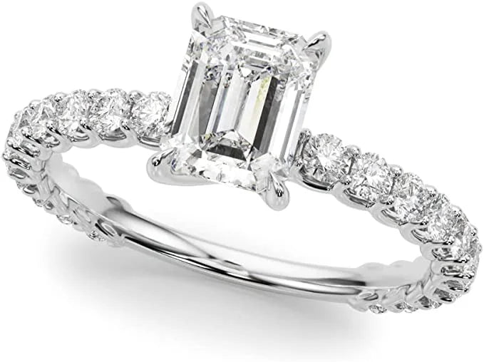 1.00 Carat Lab Grown Diamond Emerald Cut and Round Engagement Ring H8907