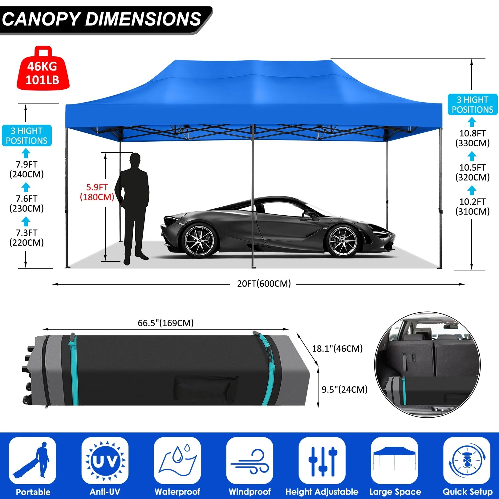 10' x 20' Pop Up Canopy Tent Straight Leg Shelter with Roller Bag, Blue C852