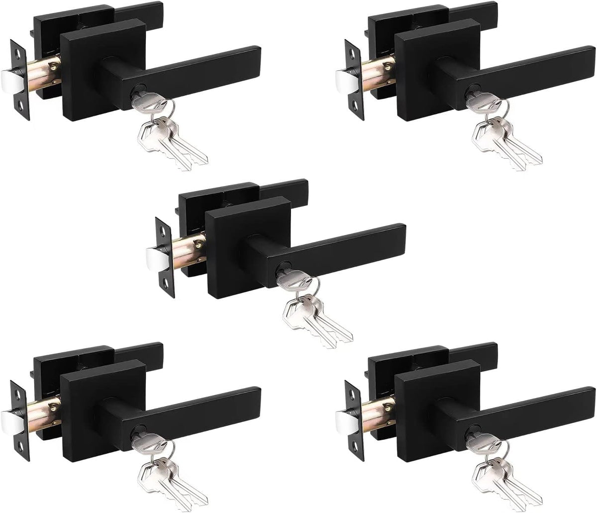 2 Pack Square Door Lever Handle Lockset Passage Knobs in Black C5812