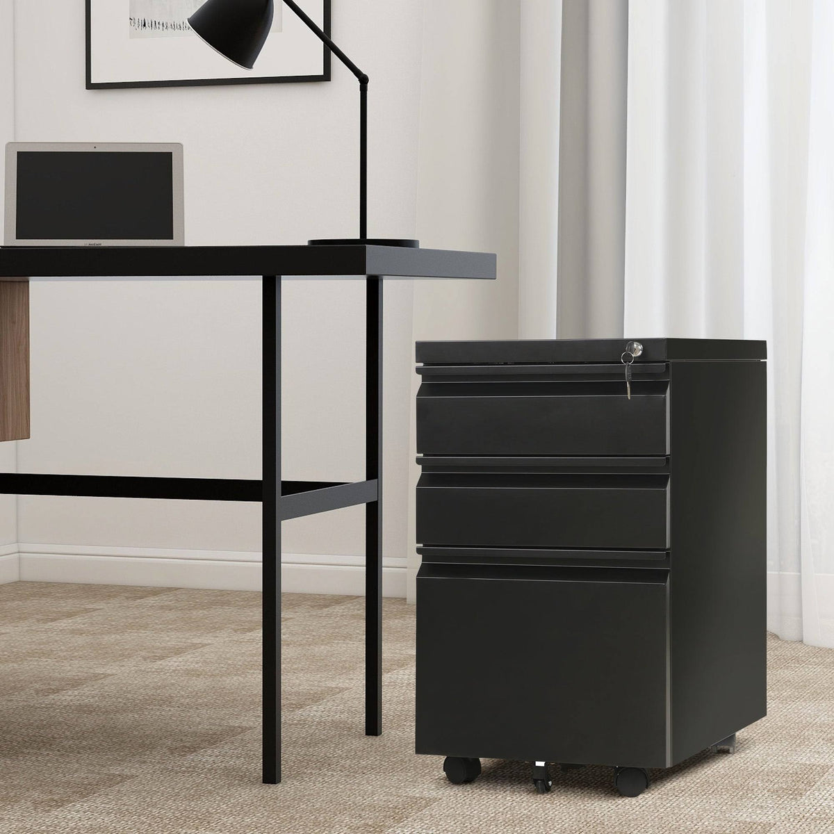 3-Drawer Metal Locking Mobile File Cabinet White D46335
