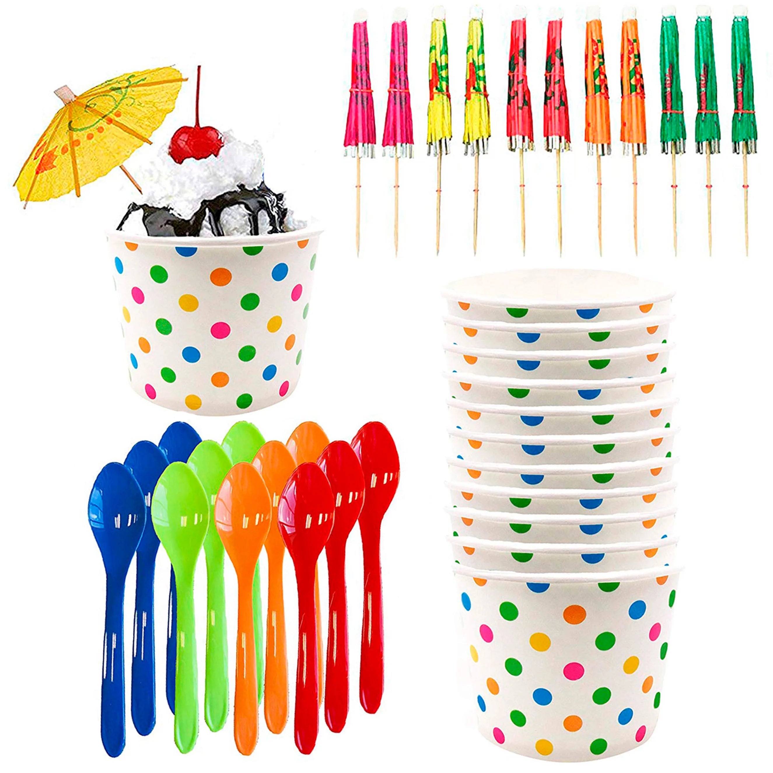 12 Pk Ice Cream Sundae Kit with 12 Oz Treat Cups, Spoons, Umbrellas W765979