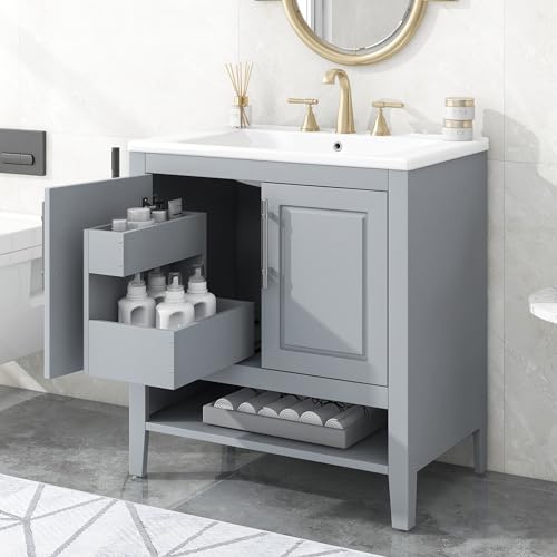 White Solid Wood Bathroom Vanity with Sink and 2 Soft Closing Doors and Drawer Q121