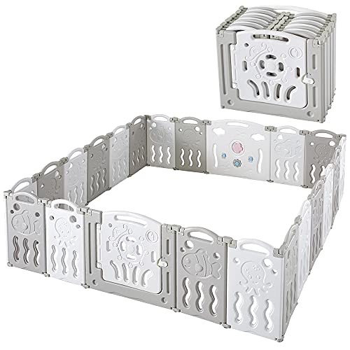 18 Panel White Grey Foldable Baby Playpen with Safety Gate V4252