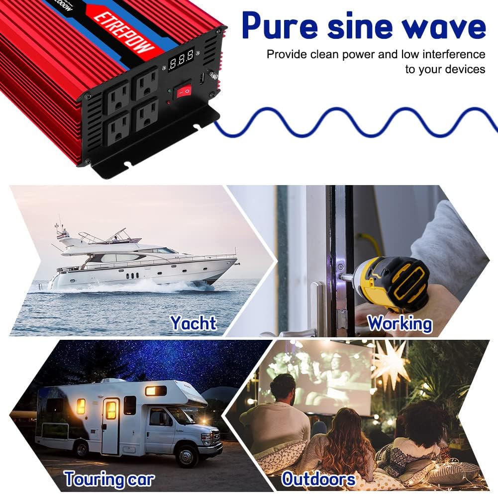 2000 Watt Pure Sine Wave Power Inverter 12V DC to 110V AC P9285