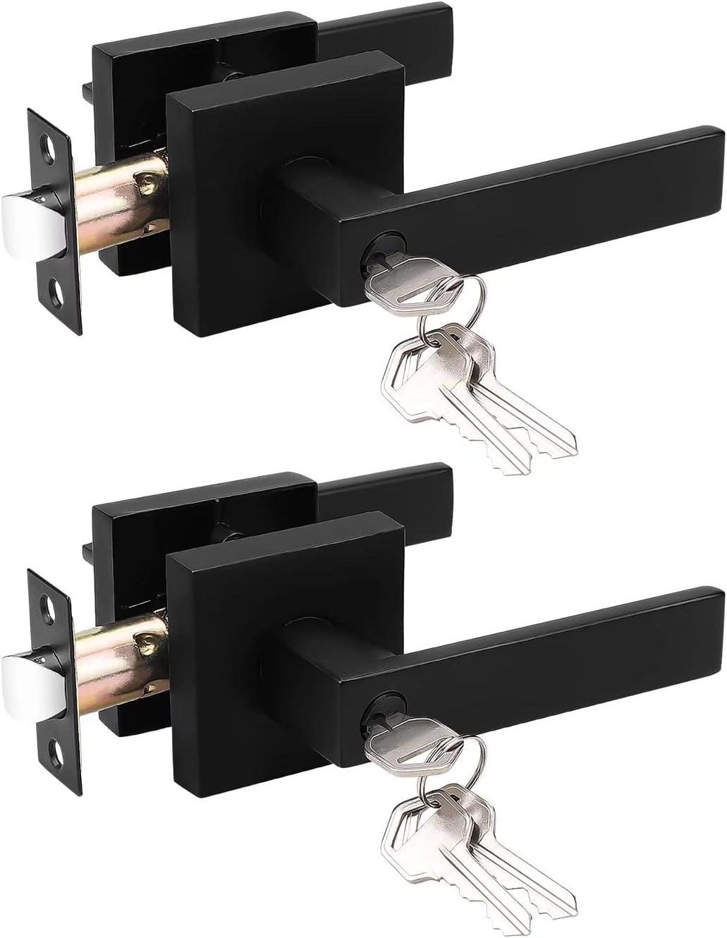 2 Pack Square Door Lever Handle Lockset Passage Knobs in Black C5812