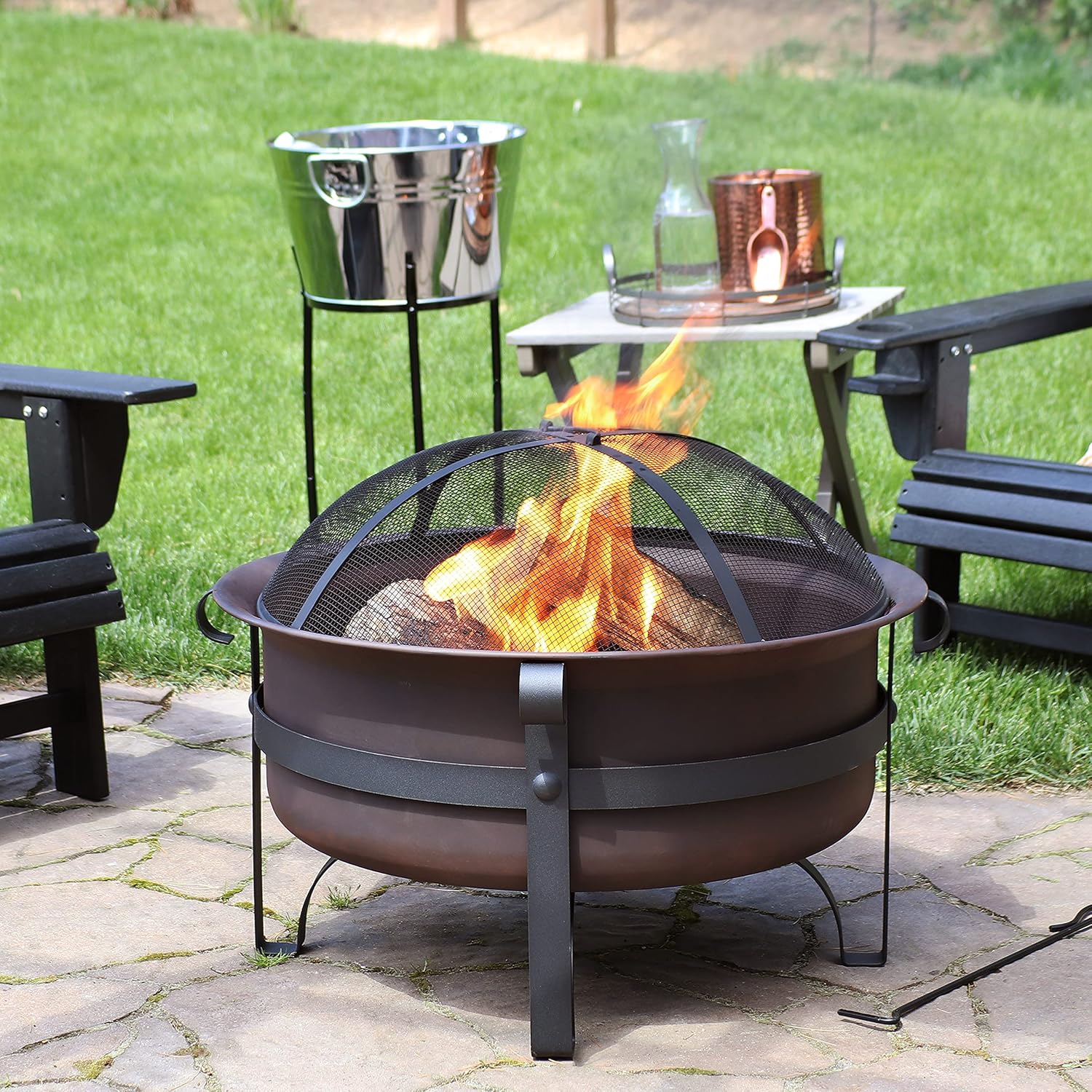 Bronze Cauldron Outdoor Fire Pit Bowl with Poker and Spark Screen - 29 Inch K423818