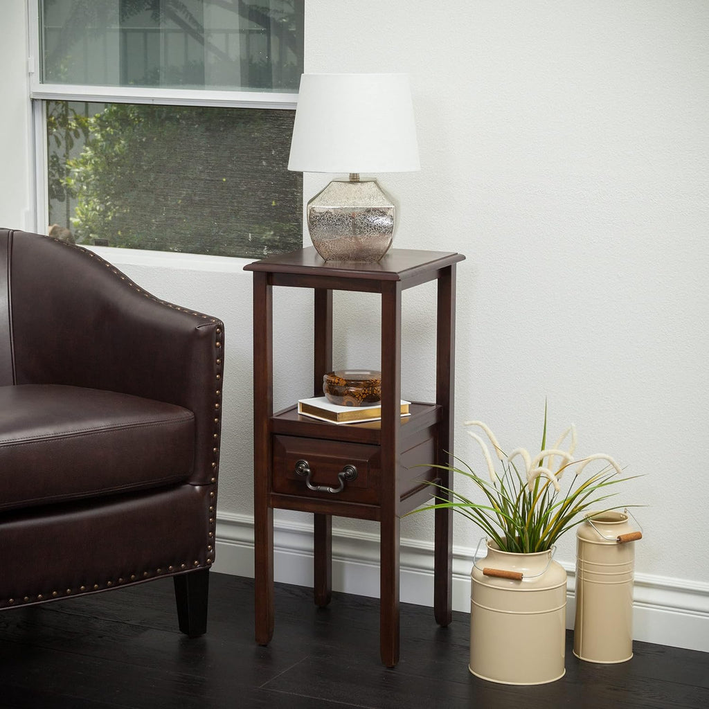 Brown Mahogany Acacia Wood Accent Table with Bottom Drawer M212