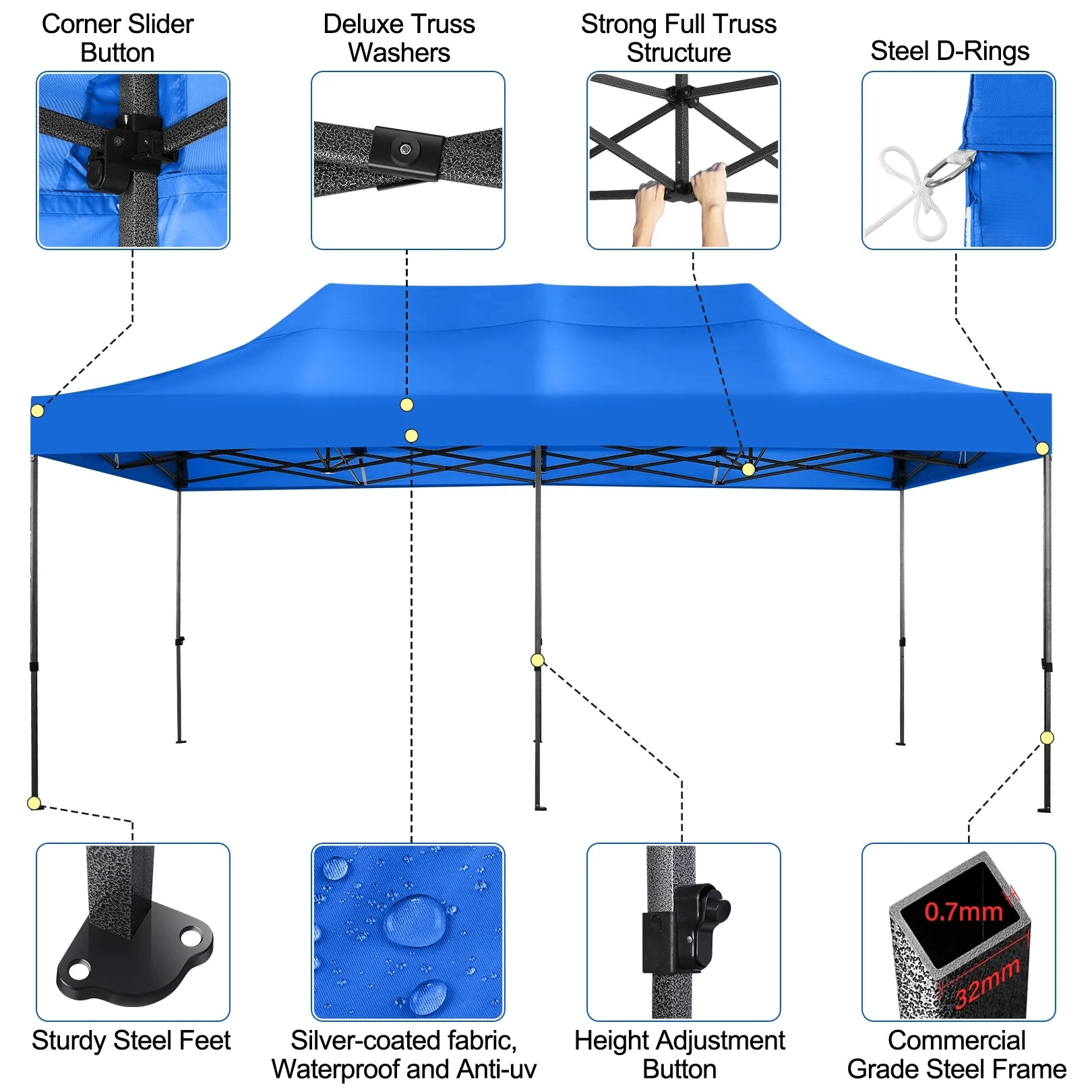 10' x 20' Pop Up Canopy Tent Straight Leg Shelter with Roller Bag, Blue C852