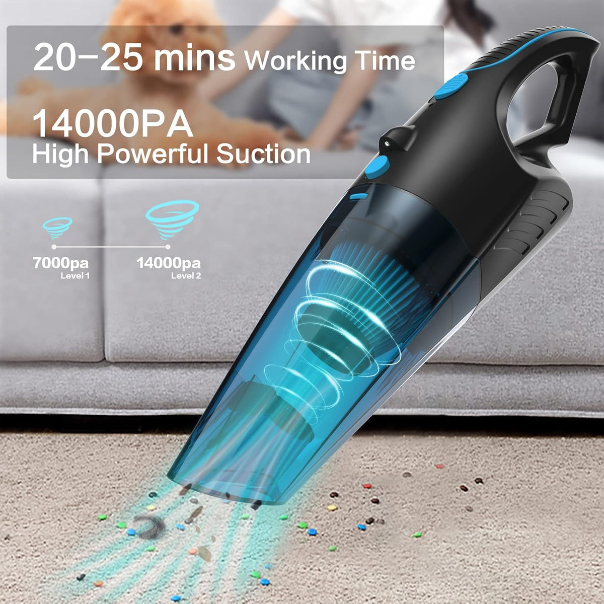 Handheld Vacuum Cordless, 14000PA Suction, 2-Speed, LED Lights, Type-C Fast Charging, Black Pack of 2 F670383