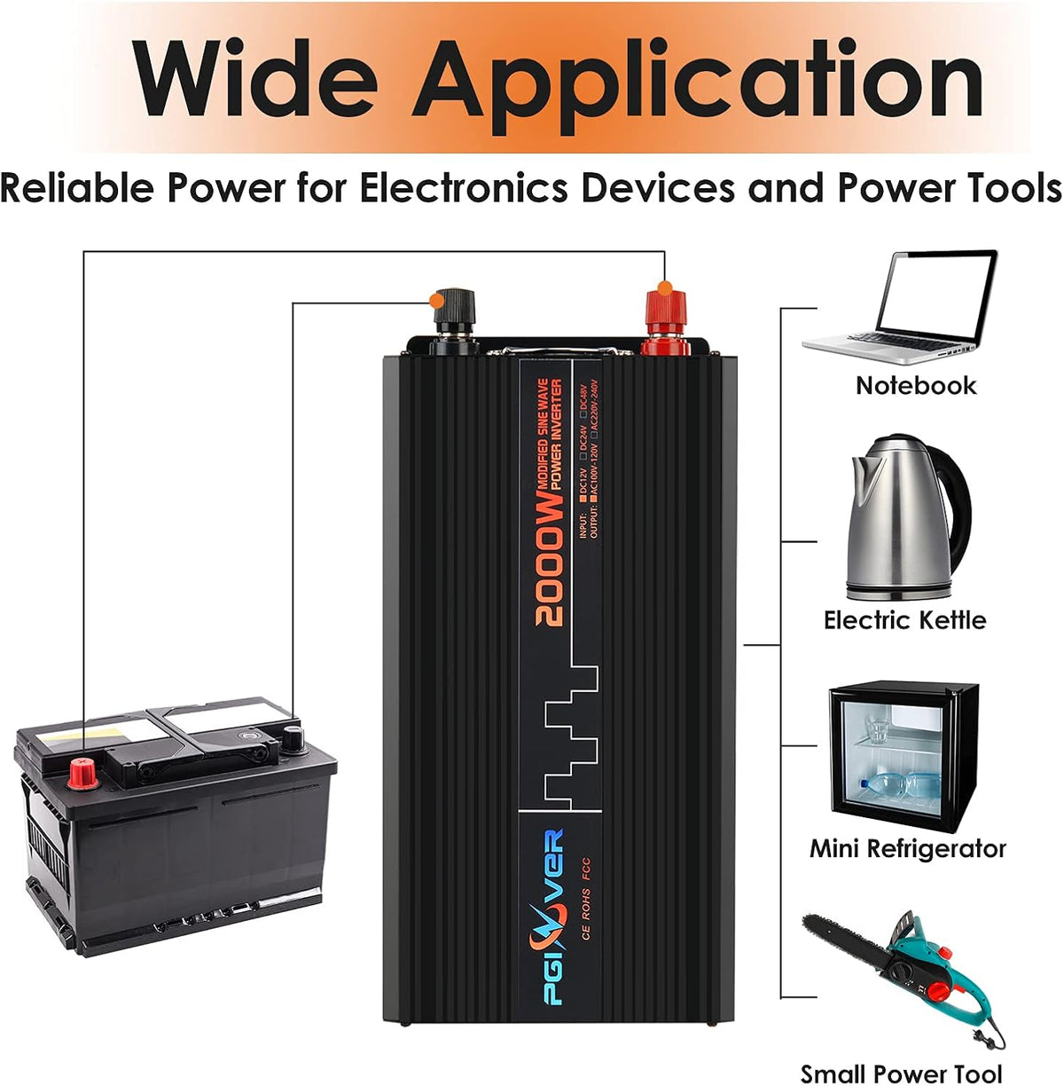 2000W Power Inverter DC 12V to AC 110V with Wireless Remote Control, LCD Digital Display, Triple AC Outlets 1 USB Port Y645
