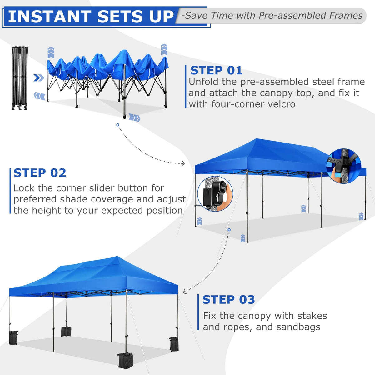 10' x 20' Pop Up Canopy Tent Straight Leg Shelter with Roller Bag, Blue C852