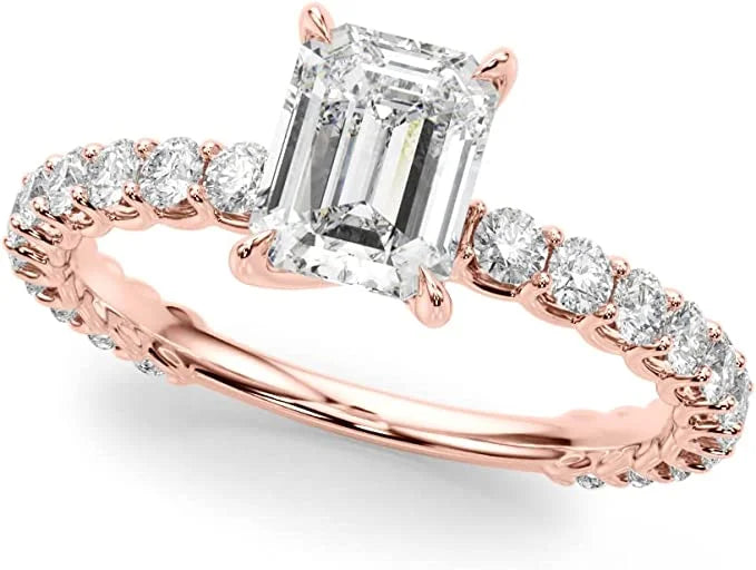 1.00 Carat Lab Grown Diamond Emerald Cut and Round Engagement Ring H8907