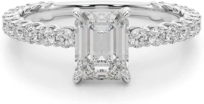 1.00 Carat Lab Grown Diamond Emerald Cut and Round Engagement Ring H8907