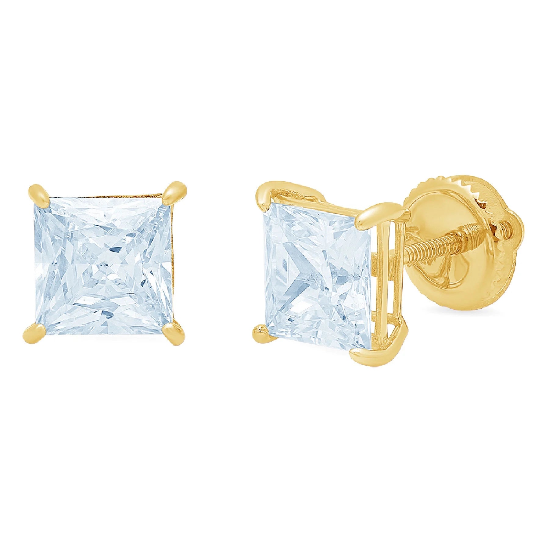 1.5 ct Princess Cut Blue Simulated Diamond 18k Yellow Gold Earrings Screw Back H11089