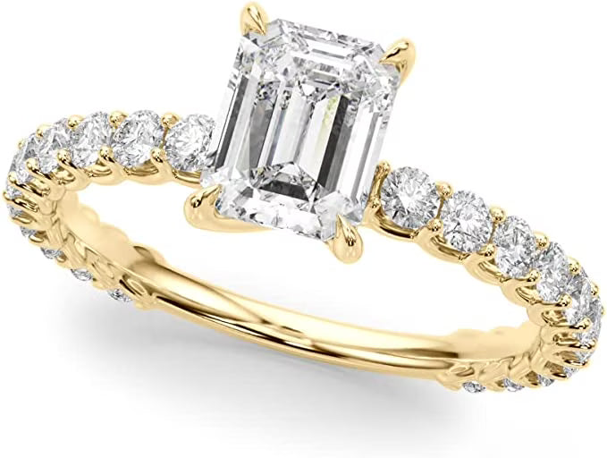 1.00 Carat Lab Grown Diamond Emerald Cut and Round Engagement Ring H8907